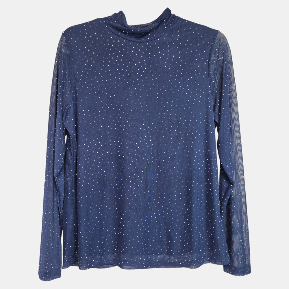 Notations Navy Blue Rhinestone Mesh Mock Neck Long Sleeve Blouse MEU3159 L
